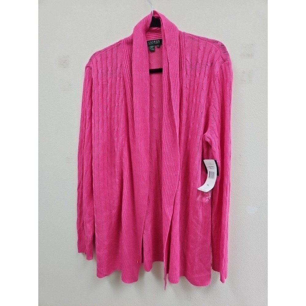 Lauren Ralph Lauren Womens Open Knit Linen Cardigan Hot Pink Sweater Long NWT